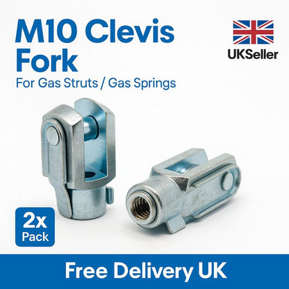 2x M10 Gas Strut Clevis Fork Ends DIN71752 Zinc Plated Steel Spring Clip