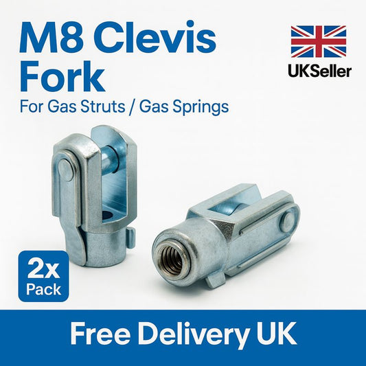 2x M8 Gas Strut Clevis Fork Ends DIN71752 Zinc Plated Steel Spring Clip