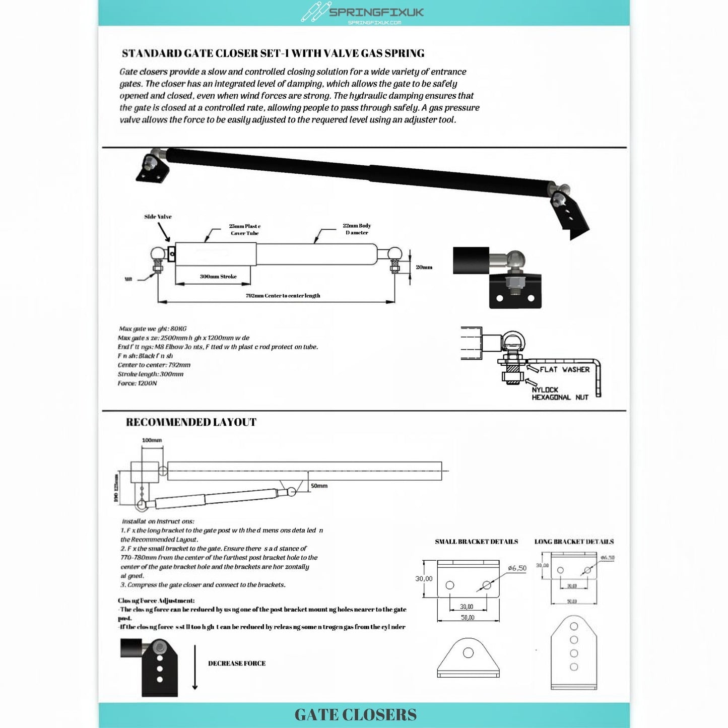 Hydraulic Gate Closer M8 Adjustable Valve Soft Close Self-Closing Arm Heavy Duty Set | SpringFix UK SpringFixUk