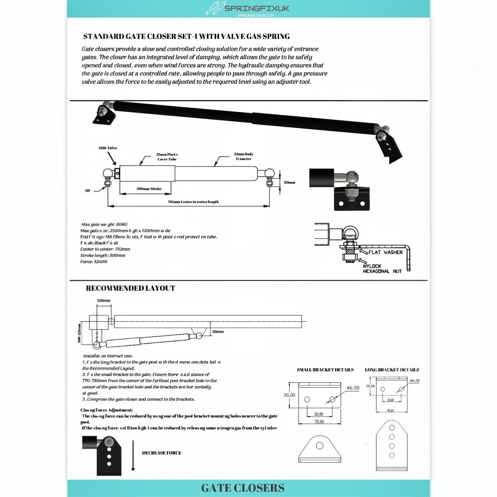 Hydraulic Gate Closer M8 Adjustable Valve Soft Close Self-Closing Arm Heavy Duty Set | SpringFix UK SpringFixUk