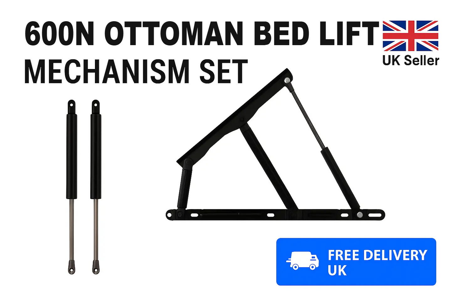 2x 600N Ottoman Bed Lift Mechanism Set Hinges & Gas Struts 360mm 8mm Eye End SpringFixUk