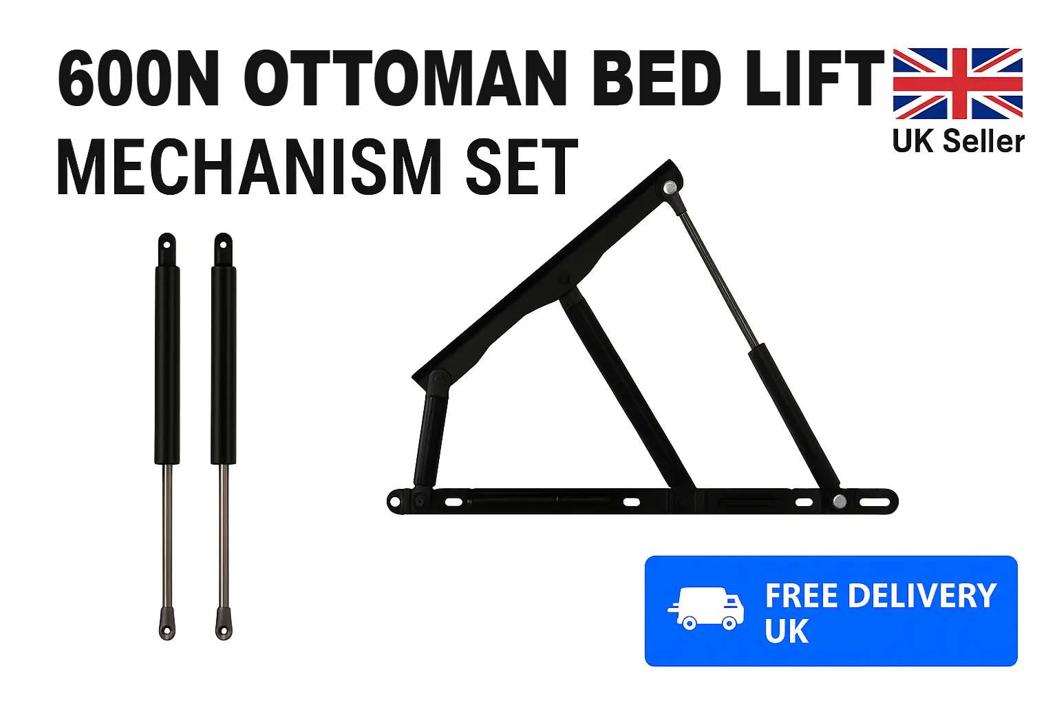 2x 600N Ottoman Bed Lift Mechanism Set Hinges & Gas Struts 360mm 8mm Eye End SpringFixUk