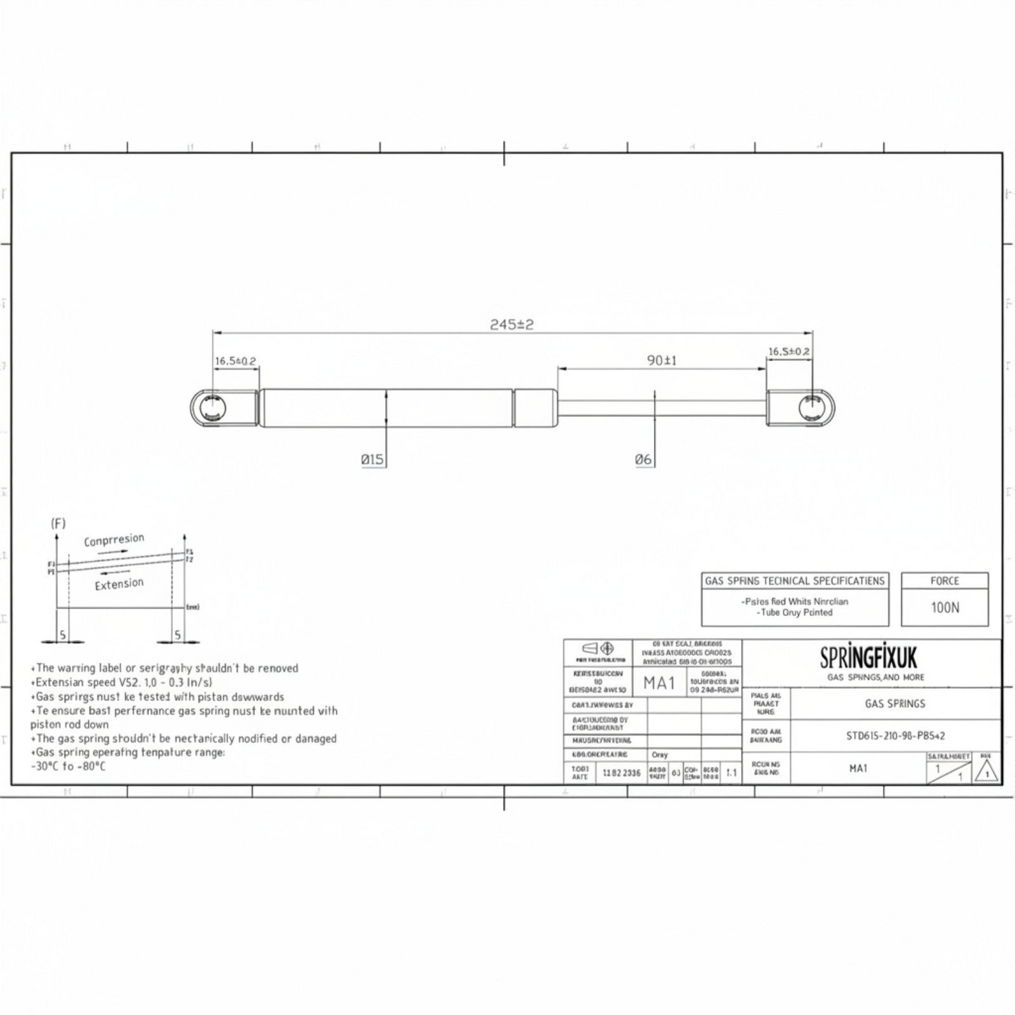SpringFixUk 100N soft close gas strut with brackets for kitchen cabinet doors. Steel construction with hydraulic damping.