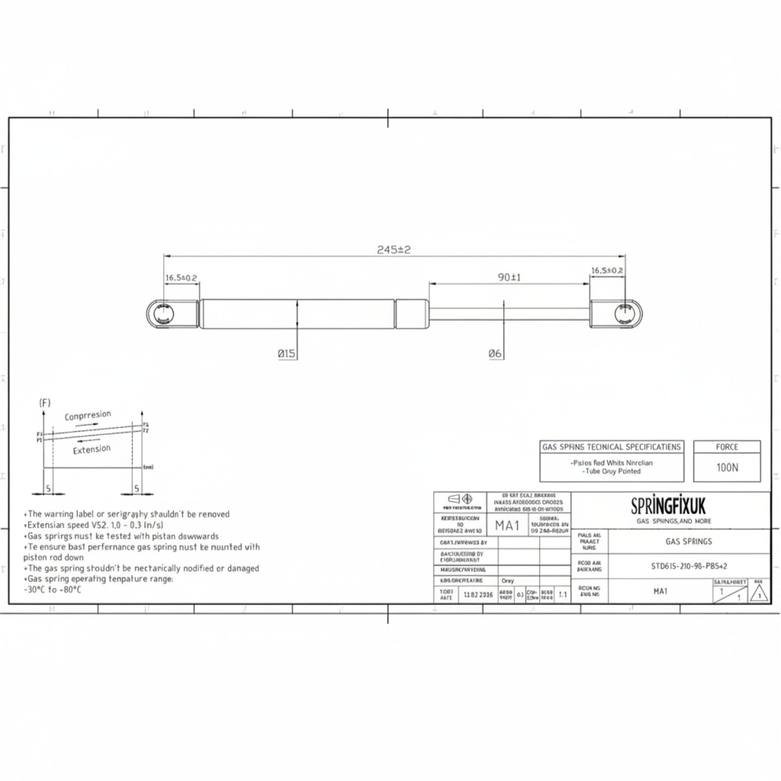 SpringFixUk 100N soft close gas strut with brackets for kitchen cabinet doors. Steel construction with hydraulic damping.