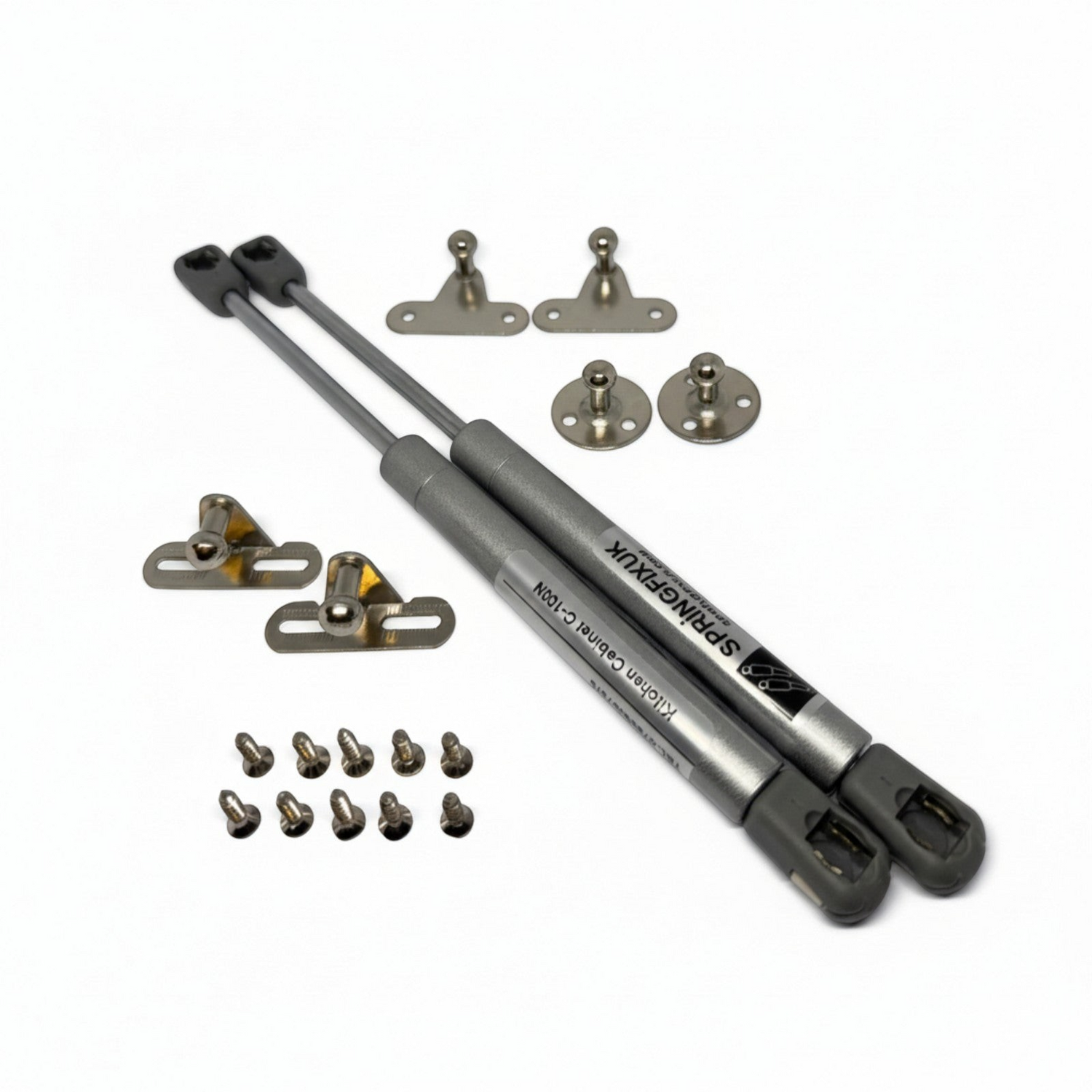 SpringFixUk 2x 100N soft close gas struts with brackets for kitchen cabinet doors. Silver metal with grey plastic fittings.