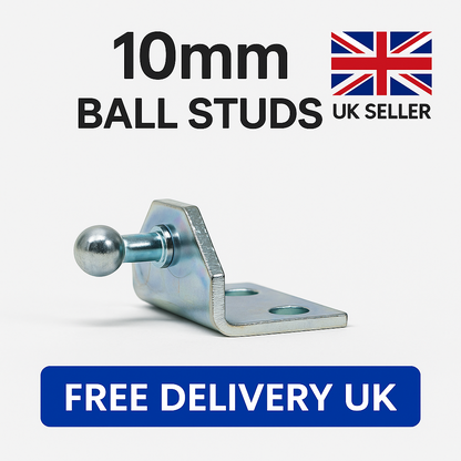 SpringFixUk 2x zinc-plated steel left-hand mount brackets with 10mm ball studs for gas struts.