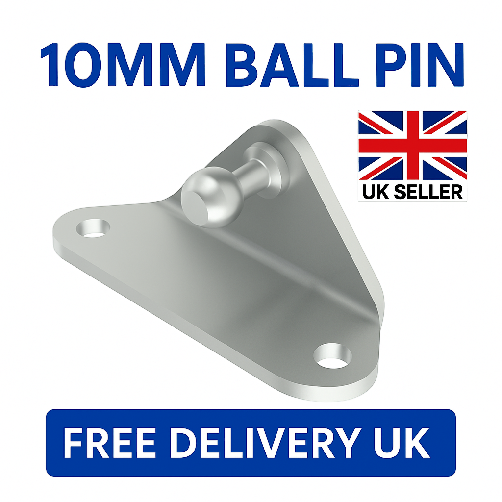 SpringFixUk zinc-plated steel gas strut bracket with 10mm ball stud, right-hand side mount.