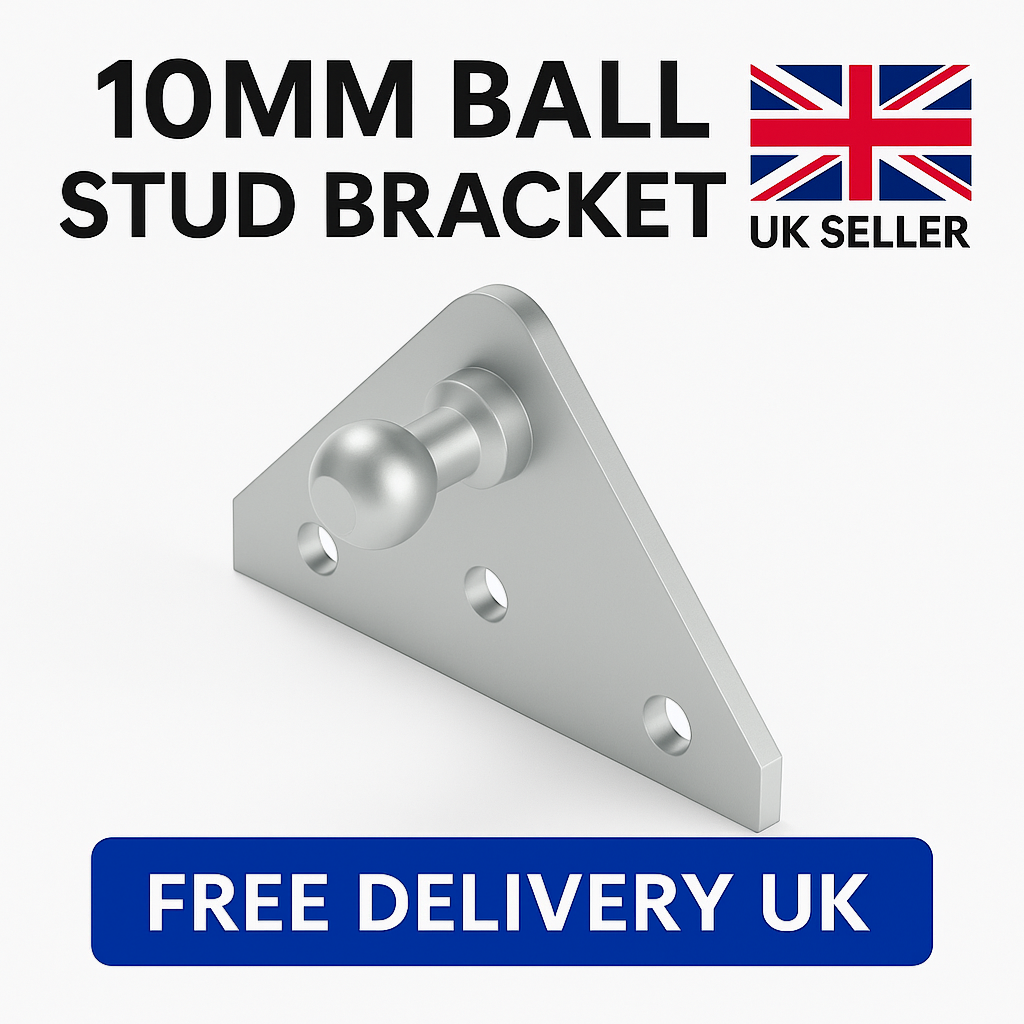 SpringFixUk 2x zinc-plated steel gas strut brackets with 10mm ball stud, flat mounting plate design.