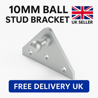 SpringFixUk 2x zinc-plated steel gas strut brackets with 10mm ball stud, flat mounting plate design.