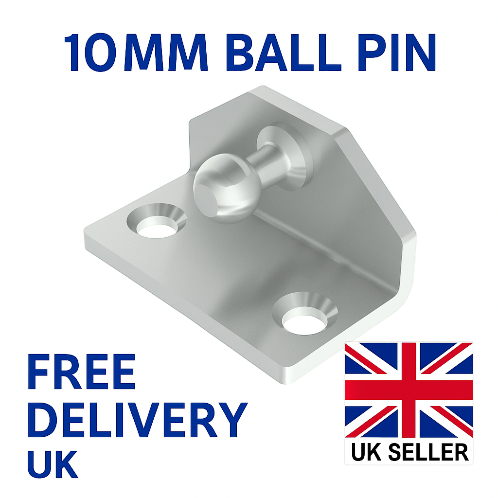 SpringFixUk 10mm ball stud gas strut mounting bracket, zinc plated steel, angled design with two pre-drilled holes.