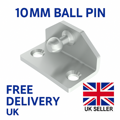 SpringFixUk 10mm ball stud gas strut mounting bracket, zinc plated steel, angled design with two pre-drilled holes.