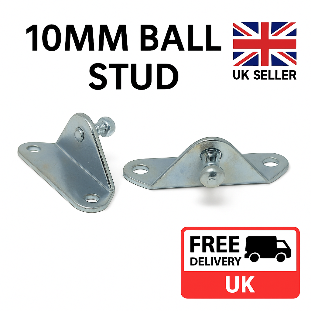 SpringFixUk 2x heavy-duty zinc-plated steel gas strut brackets with 10mm ball stud, left mount design.