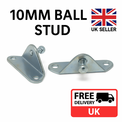 SpringFixUk 2x heavy-duty zinc-plated steel gas strut brackets with 10mm ball stud, left mount design.