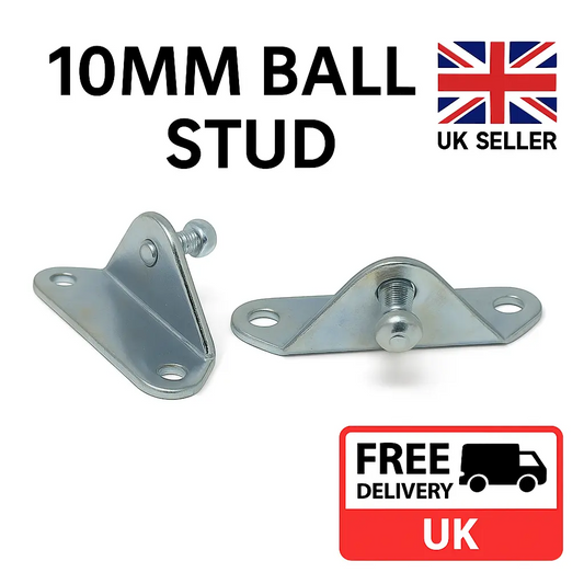 SpringFixUk 2x heavy-duty zinc-plated steel gas strut brackets with 10mm ball stud, left mount design.