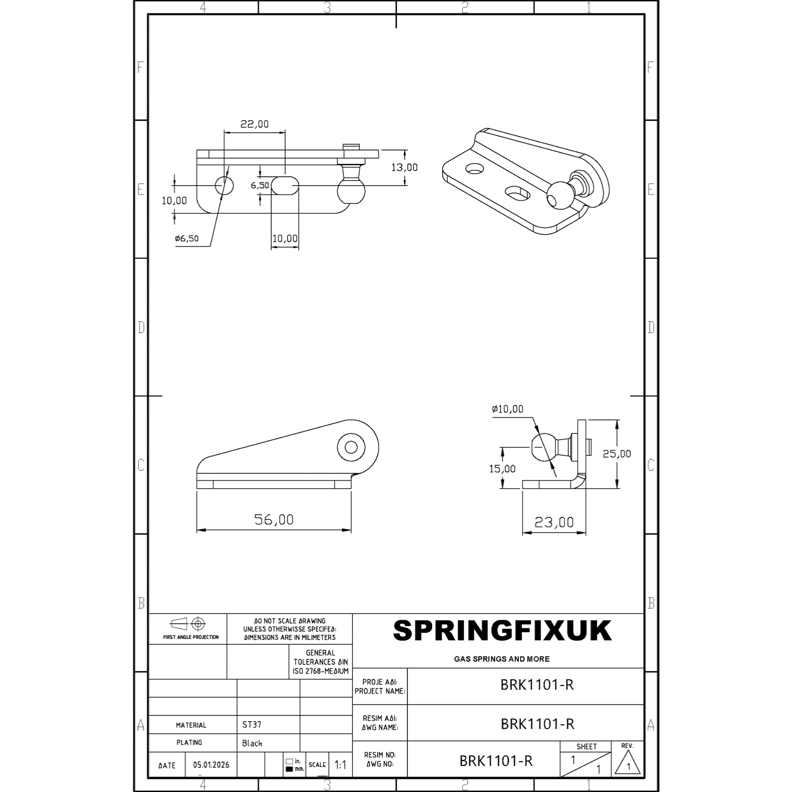 SpringFixUk pair of black heavy-duty ST37 steel gas strut ball stud brackets, 10mm ball size, RH + LH universal fit.