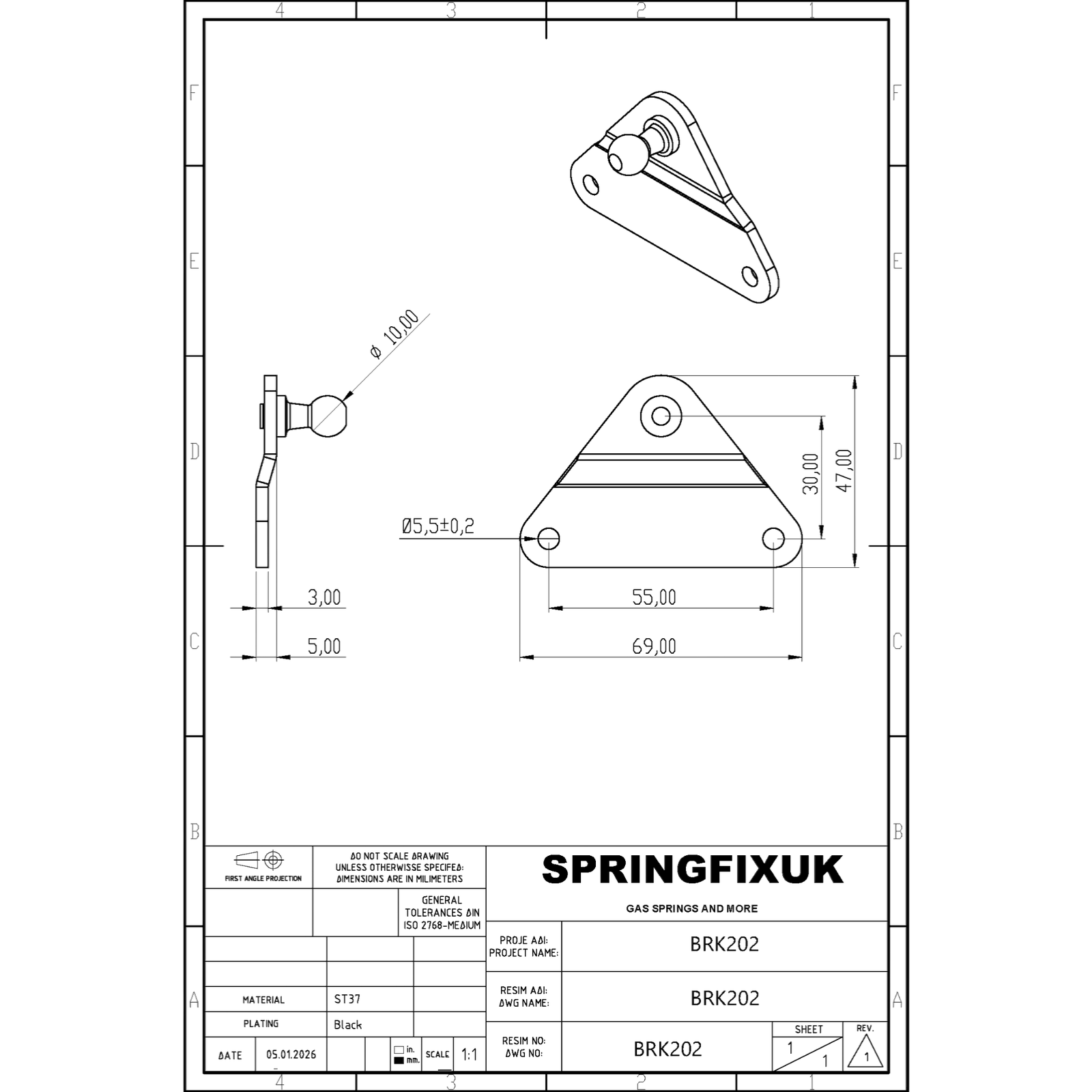 SpringFixUk 10mm gas strut bracket with triangular mounting plate, zinc plated steel.