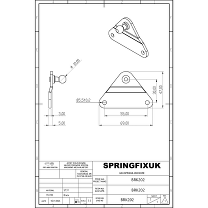 SpringFixUk 10mm gas strut bracket with triangular mounting plate, zinc plated steel.