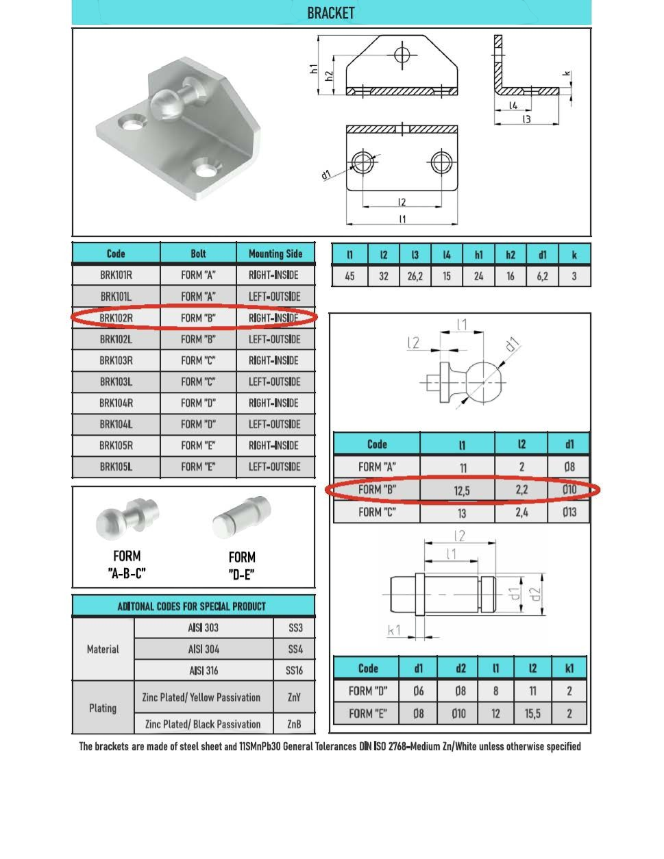 SpringFixUk 10mm zinc plated steel gas strut mounting bracket with ball stud. Right-hand Form B type.