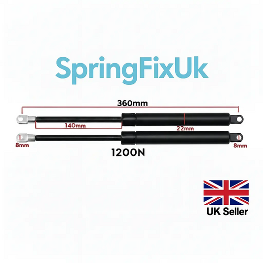 SpringFixUk pair of 1200N gas struts, 360mm extended length, 8mm eye ends, for ottoman storage beds.