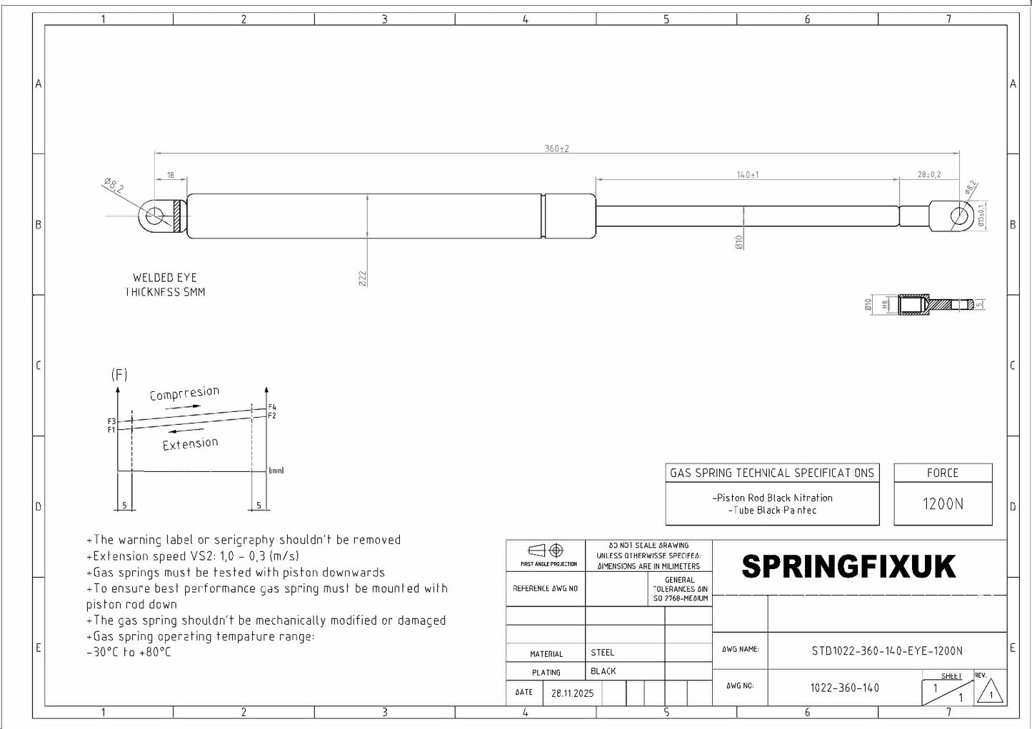 2x 1200N Ottoman Bed Gas Struts 360mm 8mm Eye Ends Storage Bed (Pair)