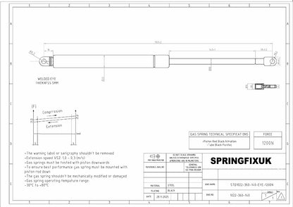 2x 1200N Ottoman Bed Gas Struts 360mm 8mm Eye Ends Storage Bed (Pair)