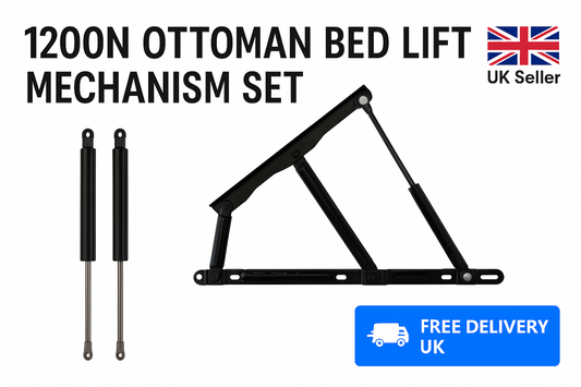 SpringFixUk 1200N ottoman bed lift mechanism set with 360mm gas struts and 8mm eye ends. Heavy-duty steel construction.