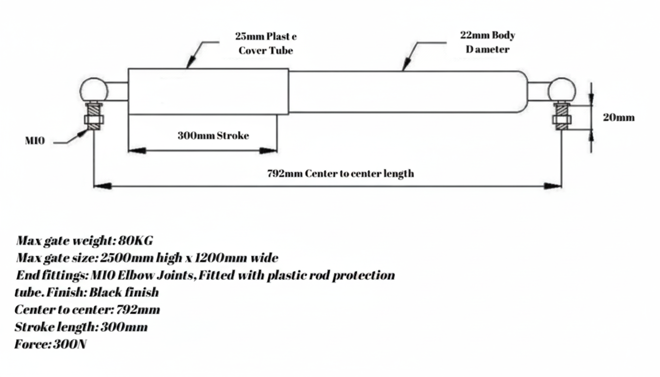 SpringFixUk 300N hydraulic gate closer diagram with M10 fittings, 300mm stroke, 792mm center-to-center length, and black finish.