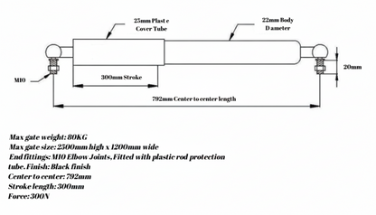 SpringFixUk 300N hydraulic gate closer diagram with M10 fittings, 300mm stroke, 792mm center-to-center length, and black finish.