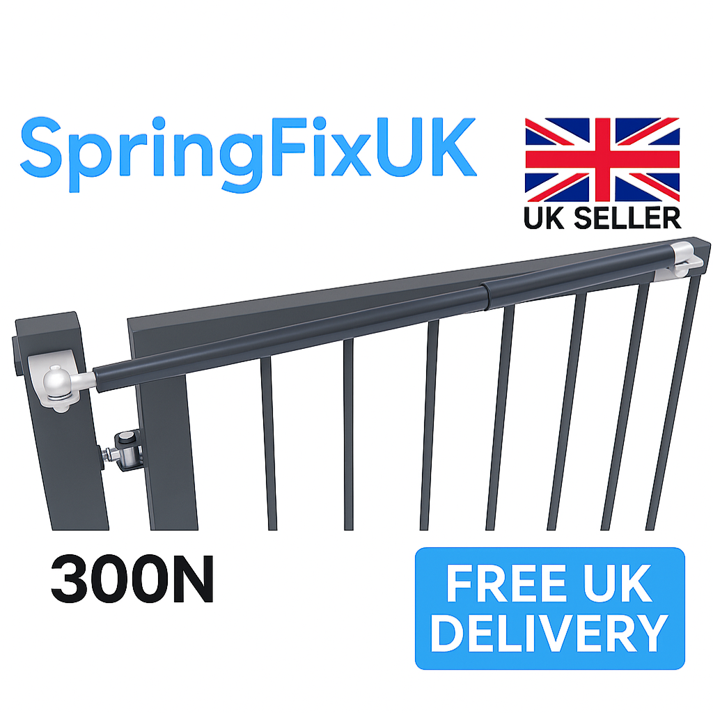 SpringFixUK 300N hydraulic gate closer arm set in black steel with M8 fittings for soft closing swing gates.