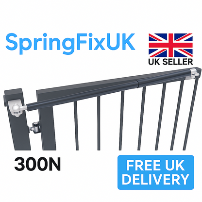 SpringFixUK 300N heavy-duty hydraulic gate closer arm with soft close and M10 fittings, black steel.