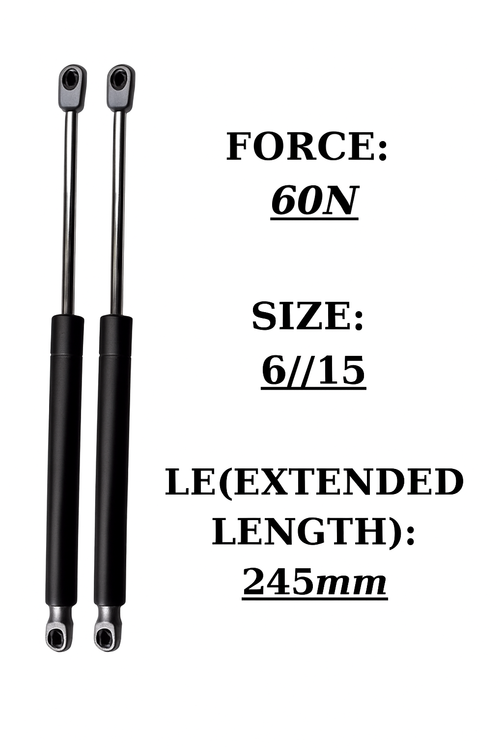 SpringFixUk pair of 2x 60N short black gas struts with silver ball joint fittings, 245mm extended length.