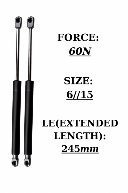SpringFixUk pair of 2x 60N short black gas struts with silver ball joint fittings, 245mm extended length.