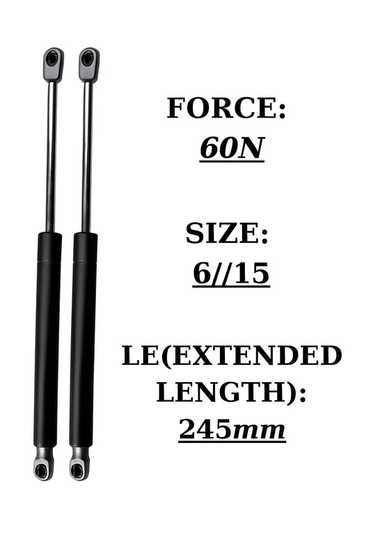 SpringFixUk pair of 2x 60N short black gas struts with silver ball joint fittings, 245mm extended length.