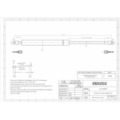 SpringFixUk pair of 700N gas struts, 340mm eye-to-eye, 8mm fittings, black finish for ottoman beds.