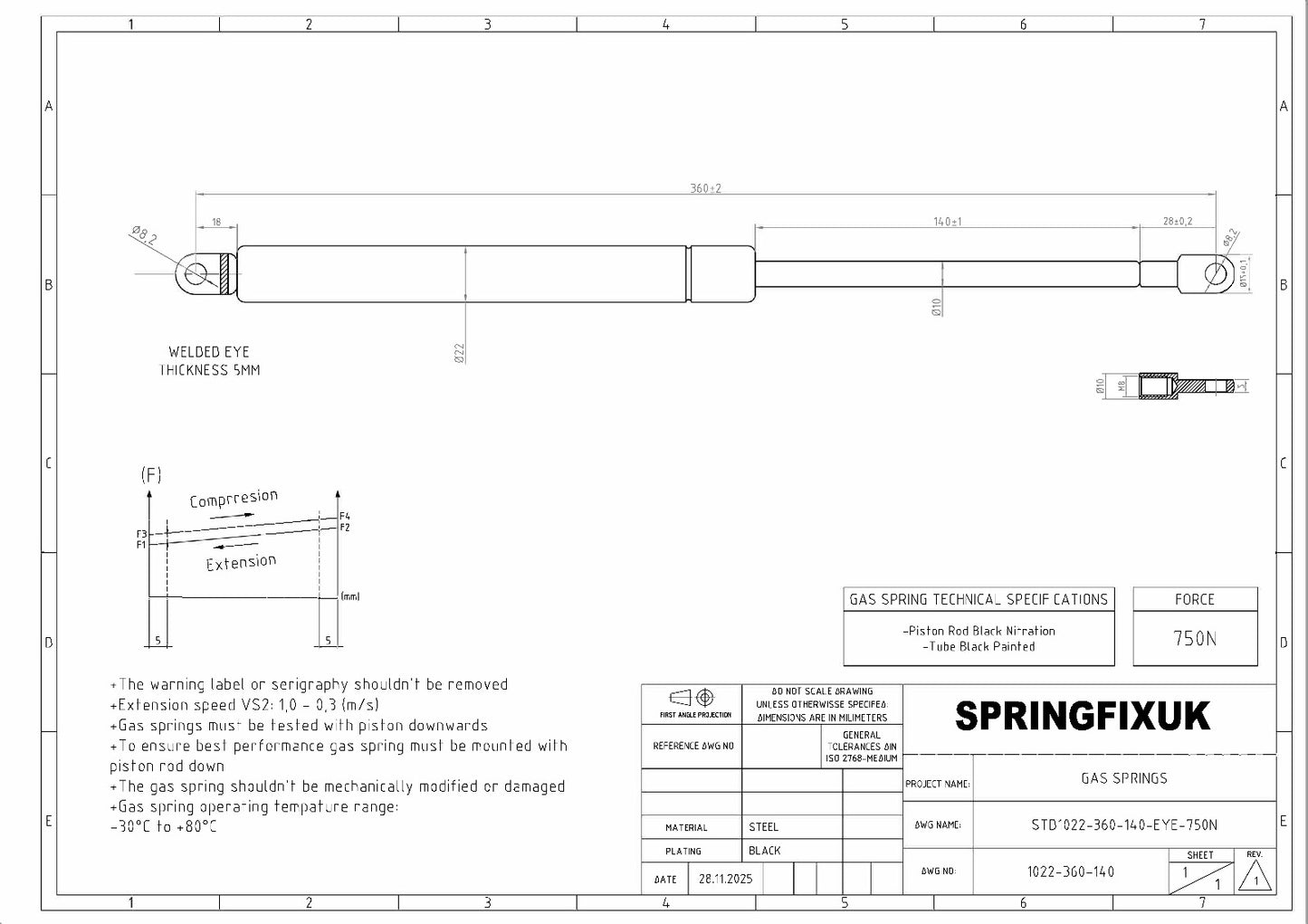 2x 750N Ottoman Bed Gas Struts 360mm 8mm Eye Ends Storage Bed (Pair)