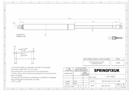 2x 750N Ottoman Bed Gas Struts 360mm 8mm Eye Ends Storage Bed (Pair)