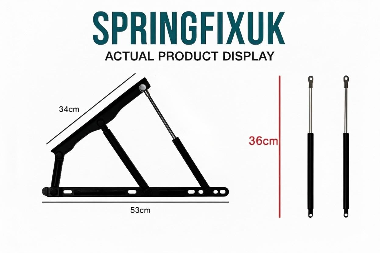 SpringFixUk 750N ottoman bed lift mechanism set with 360mm gas struts and 8mm eye ends. Black steel construction.