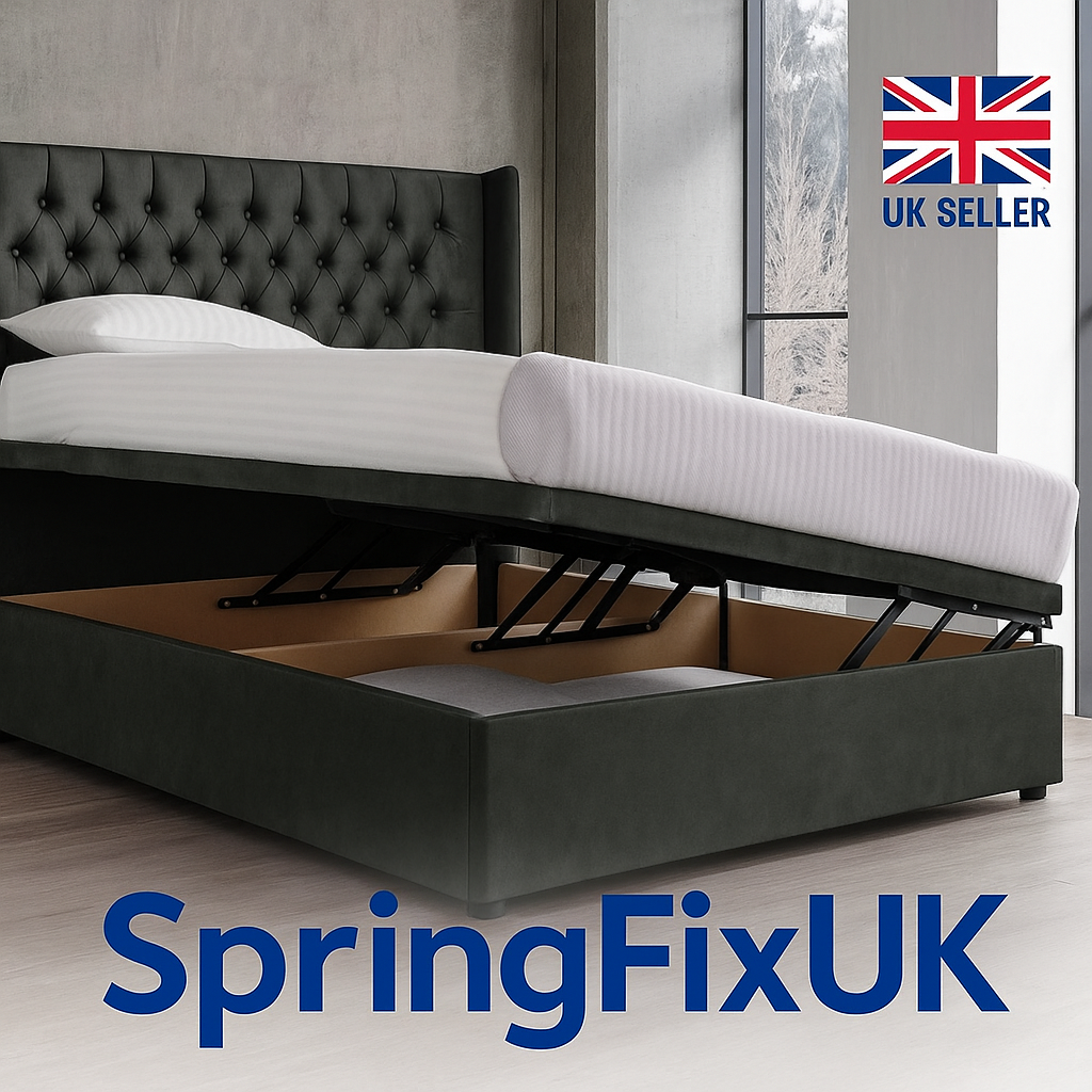 SpringFixUK 750N ottoman bed lift mechanism set with 360mm gas struts and 8mm eye ends. Heavy-duty steel construction.