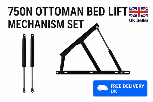 SpringFixUk 750N Ottoman Bed Lift Mechanism Set with 360mm gas struts and 8mm eye end fittings. Black steel construction.