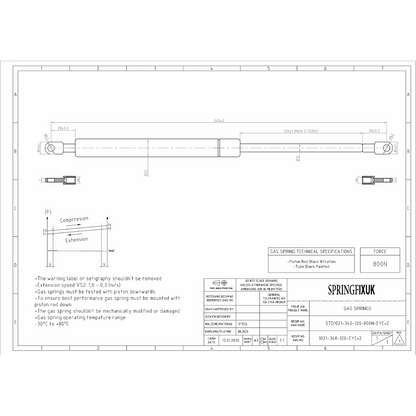 SpringFixUk 2x 800N heavy duty gas struts, 340mm eye-to-eye, with black painted tube and black nitrided rod.