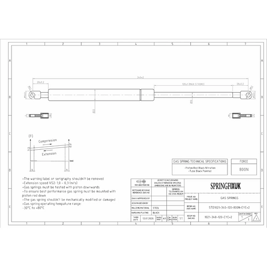 SpringFixUk 2x 800N heavy duty gas struts, 340mm eye-to-eye, with black painted tube and black nitrided rod.