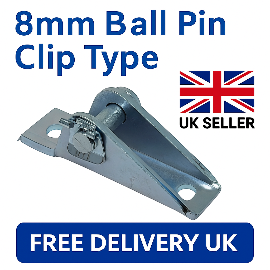 SpringFixUk zinc-plated steel gas strut mounting bracket with 8mm ball pin and quick-release clip.