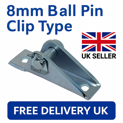 SpringFixUk zinc-plated steel gas strut mounting bracket with 8mm ball pin and quick-release clip.