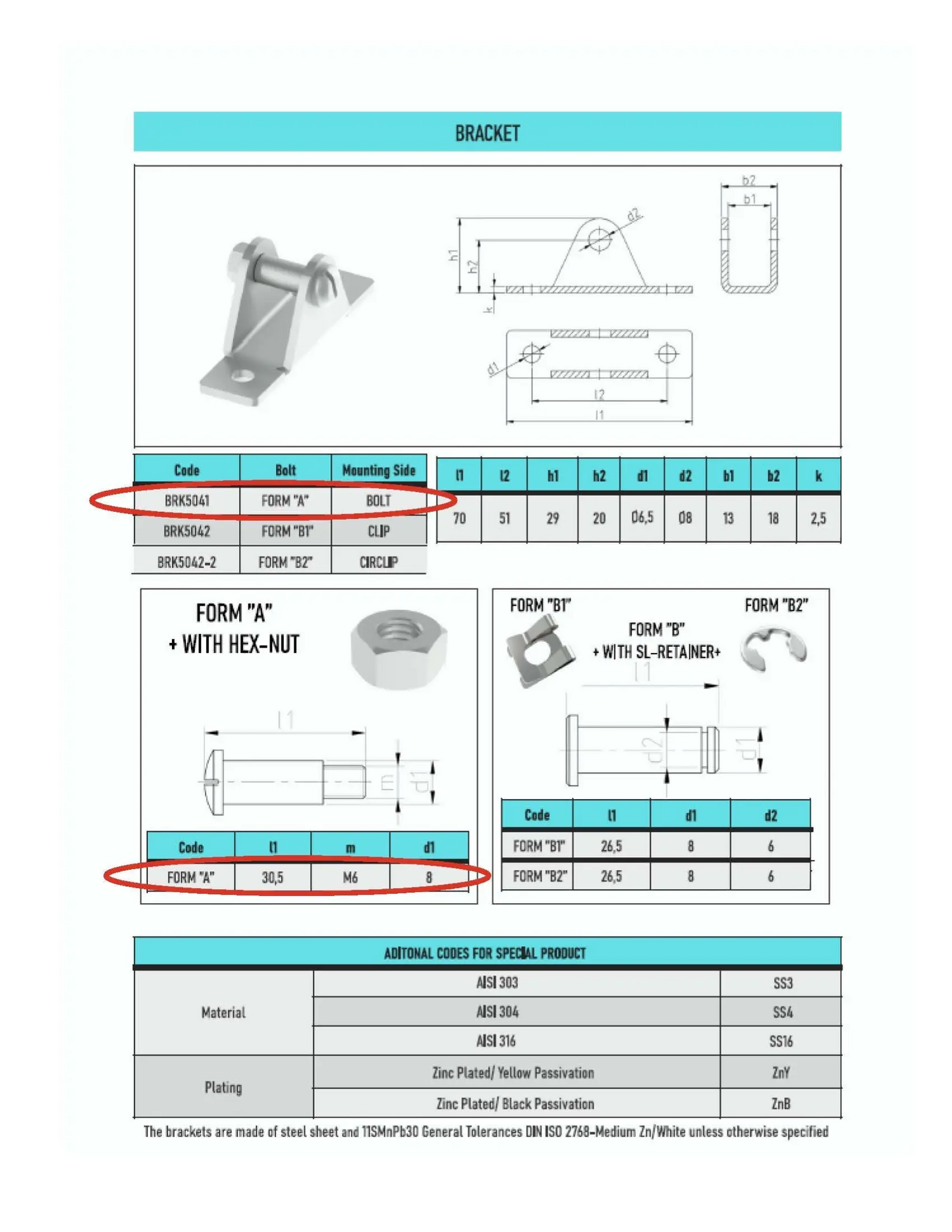 SpringFixUk pair of zinc-plated steel gas strut brackets with 8mm ball stud and M6 bolt for side mounting.