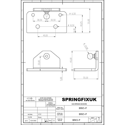 SpringFixUk black 90° L-shaped gas strut mounting bracket with 13mm ball stud. Steel construction.