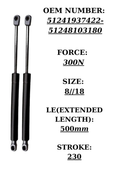 SpringFixUk pair of black steel tailgate gas struts for BMW 3 Series E30, 300N force, 500mm extended length.