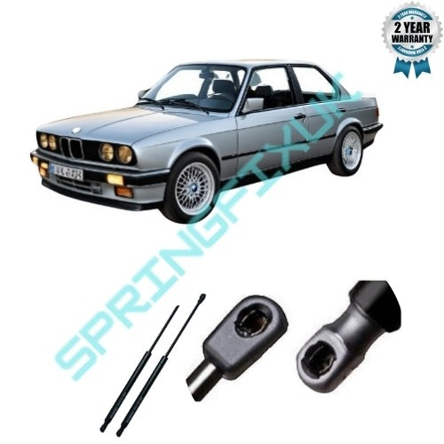 SpringFixUk pair of black tailgate gas struts for BMW 3 Series E30, 300N, 500mm, with mounting hardware.