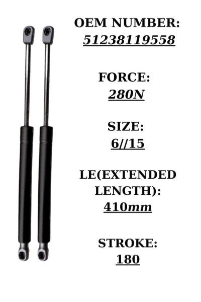 SpringFixUk 2x front hood gas struts for BMW E36 Cabrio, 280N, 410mm extended length, black steel.