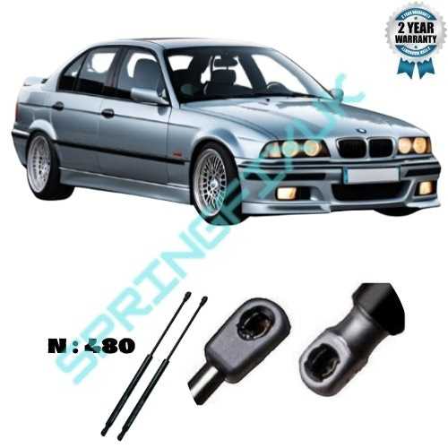 SpringFixUk 2x 480N rear tailgate gas struts for BMW 3 Series E36 Sedan, Cabrio, Coupe. Black steel body.
