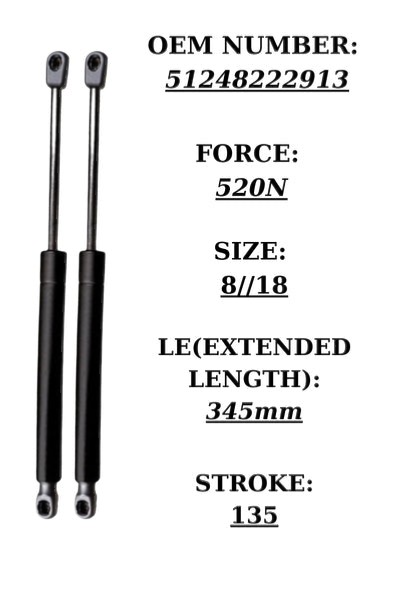 SpringFixUk pair of black steel tailgate gas struts for BMW 5 Series E39, 520N force, 345mm extended length.